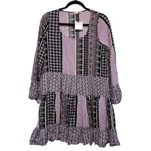 NWT Easel Multicolor Boho Patchwork Long-Sleeve Ruffle Tiered Dress S